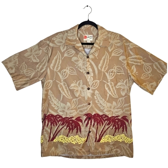 Hilo Hatties Original Hawaiian Shirt Brown Burgundy Palm Trees  Sz L - Picture 1 of 6